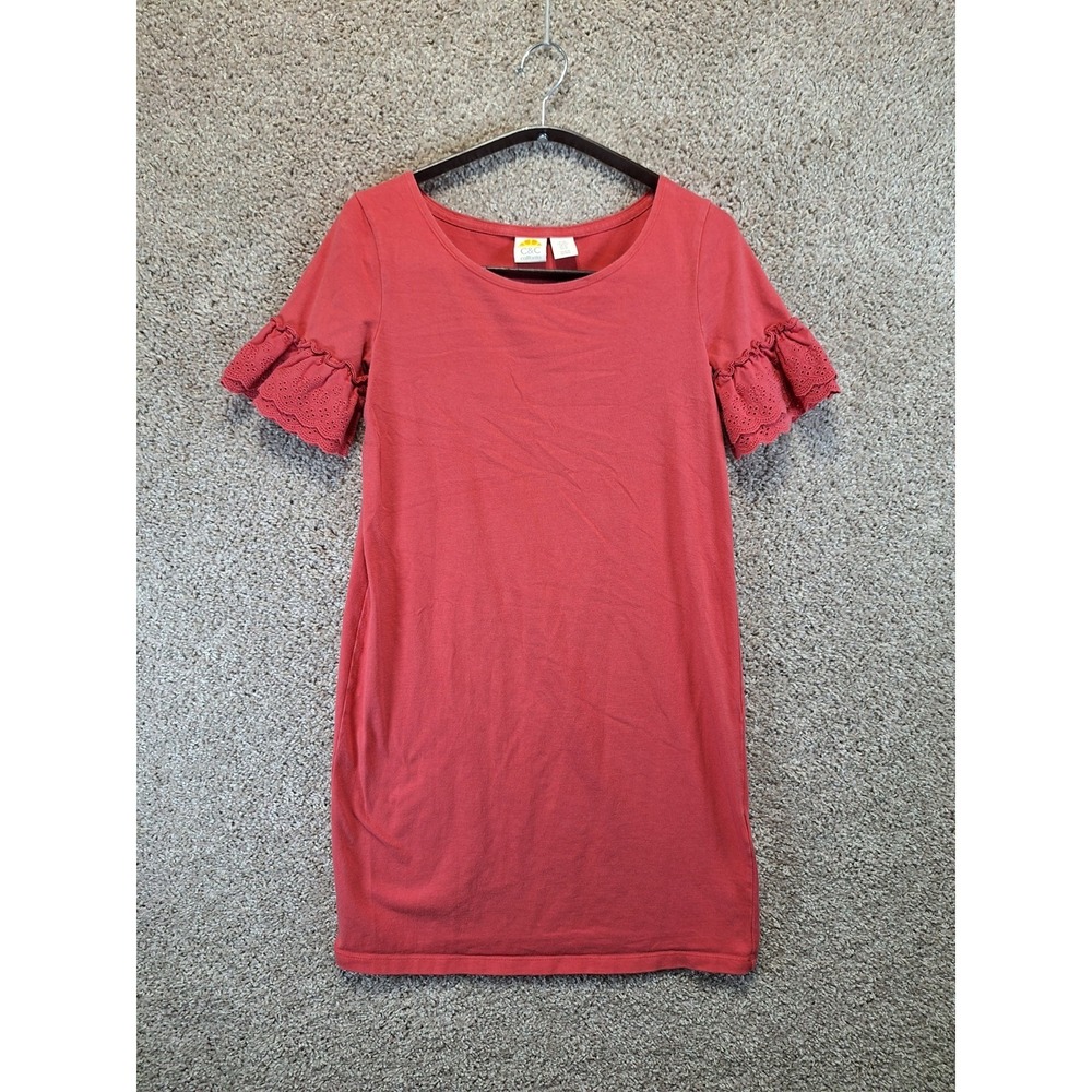 C&C California Shift‎ Dress Womens XS Pink Stretch Eyelet Ruffle Sleeve Pullover